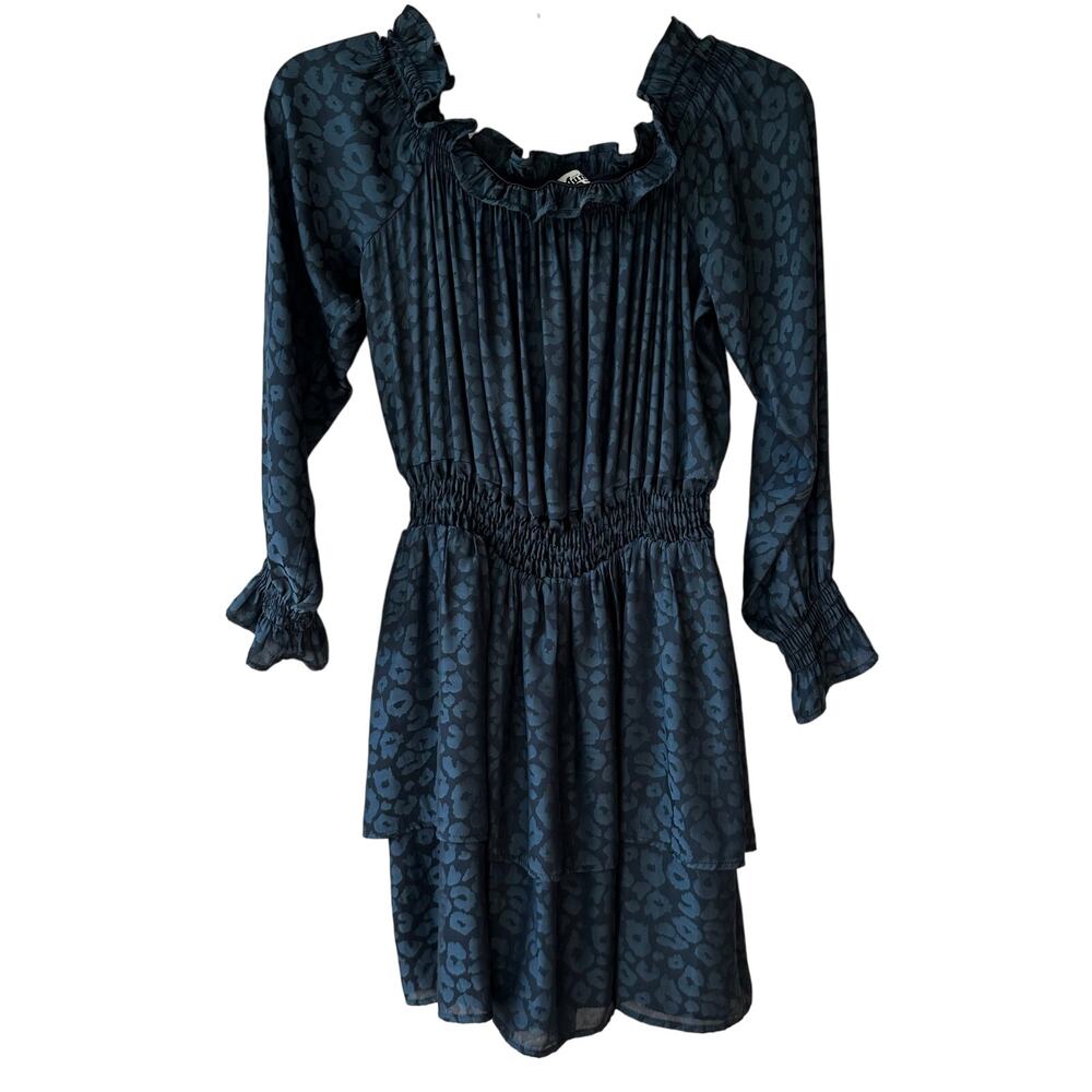 Show Me Your MuMu Esmerelda Cheetah Off-the-Shoulder Dress Tiered Blue S Whimsy - Picture 3 of 11